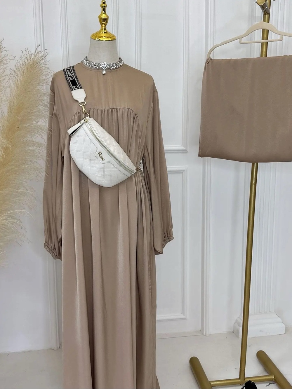 Women’s Long Sleeve Abaya Maxi Dress in Taupe